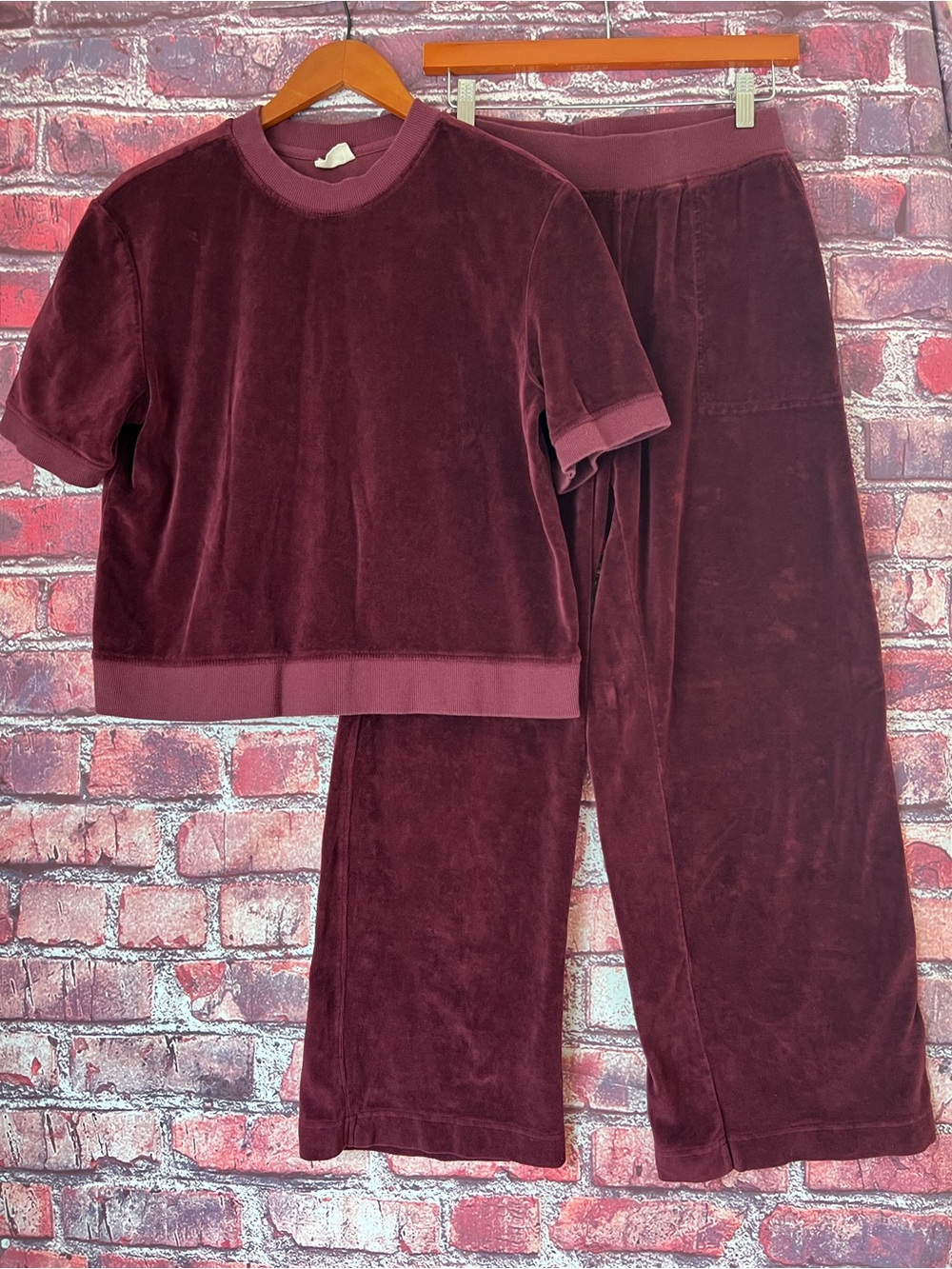 Pact Organic Cotton Velour Short Sleeve Top Wide Leg Pants Set S